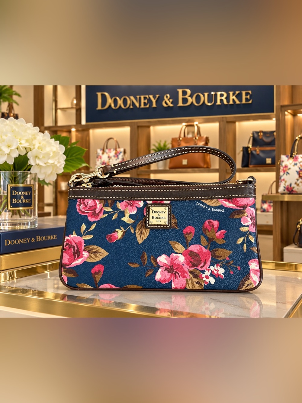 Dooney & Bourke Navy Floral Wristlet - Pink & Brown Accents NWOT